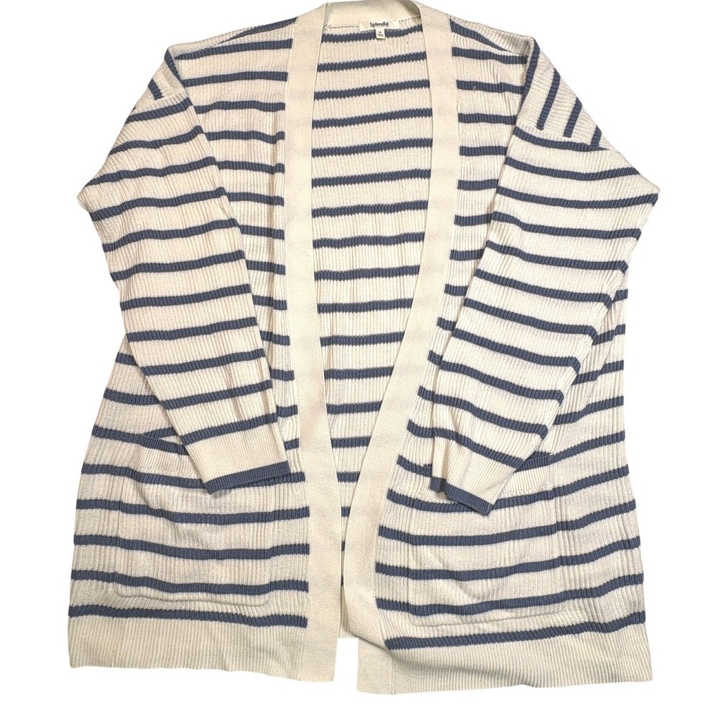 Splendid Collection Striped Open Front Cardigan XL Navy Cream Cashmere RM3S352